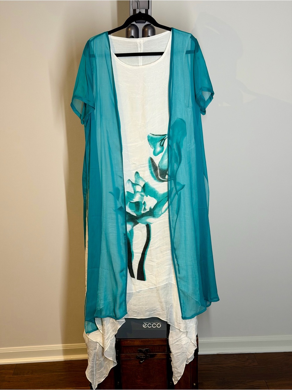 Women’s Teal Sheer Cover-Up with White Floral Slip
